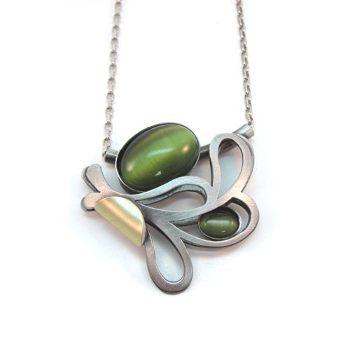 POLY Green Catsite Brushed Two-tone 22" Necklace - Click Image to Close